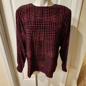 Ann May silk blouse size medium, with shoulder pads, black and purple dots